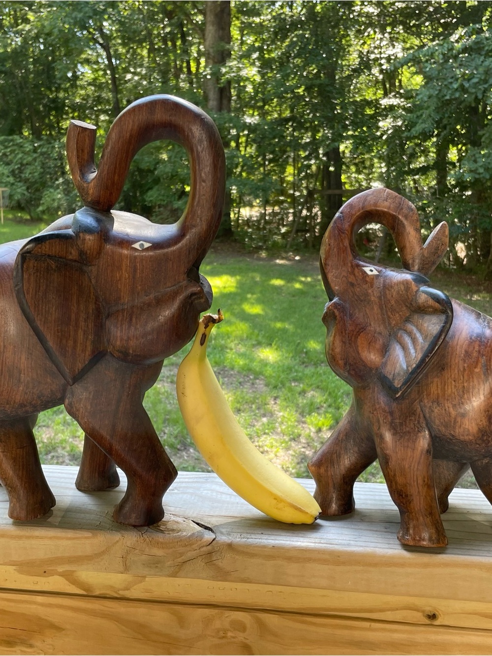 Vintage LARGE Carved Wooden African Elephants Pair Trunks Up BIG and HEAVY